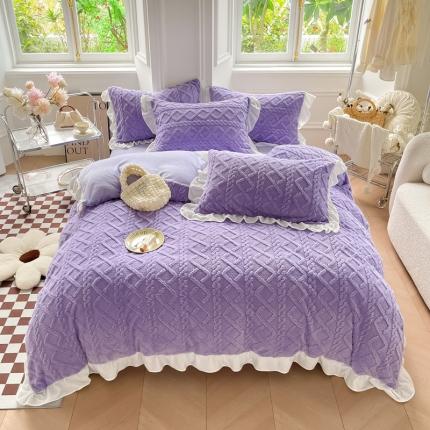 91家纺网 家纺一手货源 找家纺 米莱2023新款塔芙绒牛奶绒花边四件套 葡萄紫