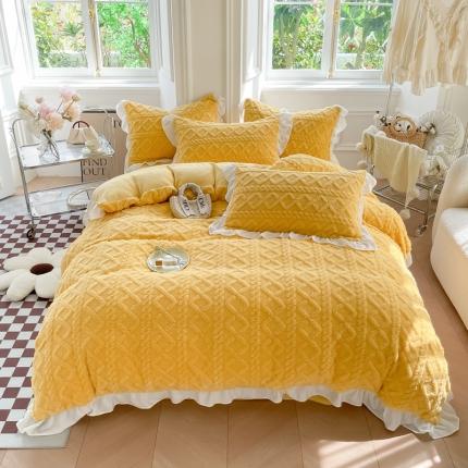 米莱2023新款塔芙绒牛奶绒花边四件套 柠檬黄