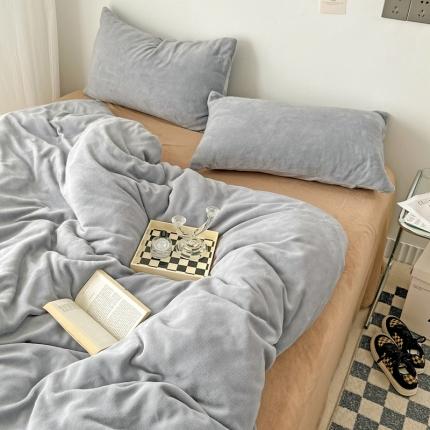 N先生 2023新款高克重纯色牛奶绒四件套 浅灰+咖啡