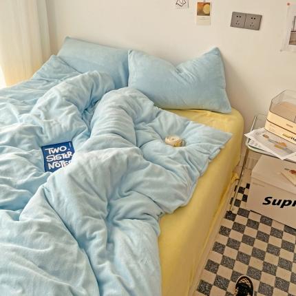 N先生 2023新款高克重纯色牛奶绒四件套 浅蓝+嫩黄