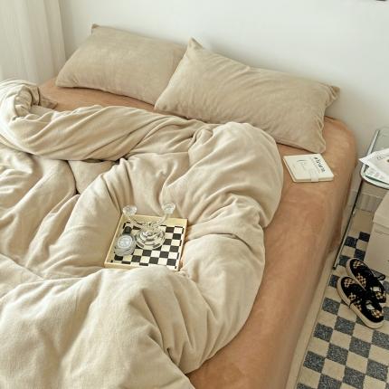N先生 2023新款高克重纯色牛奶绒四件套 浅驼+咖啡