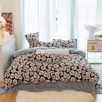 91家纺网 家纺一手货源 找家纺 千朵2022新款牛奶绒系列四件套 艾维-黑