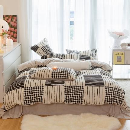 91家纺网 家纺一手货源 找家纺 千朵2022新款牛奶绒系列四件套 黑白涂鸦