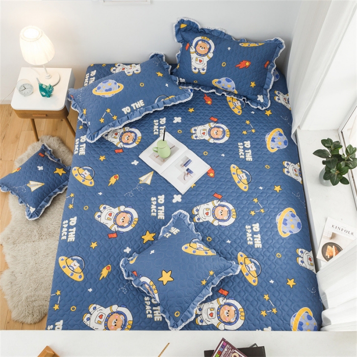 91家纺网 家纺一手货源 找家纺 美优兰 2025新款全棉防滑榻榻米炕垫纯棉床盖三件套遨游太空