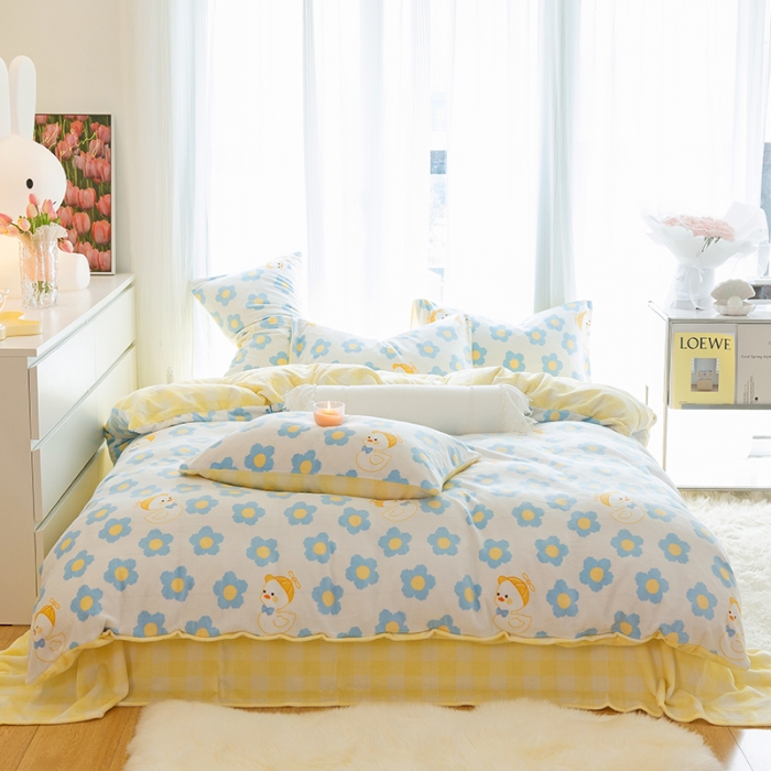 91家纺网 家纺一手货源 找家纺 千朵2022新款牛奶绒系列四件套 快乐鸭