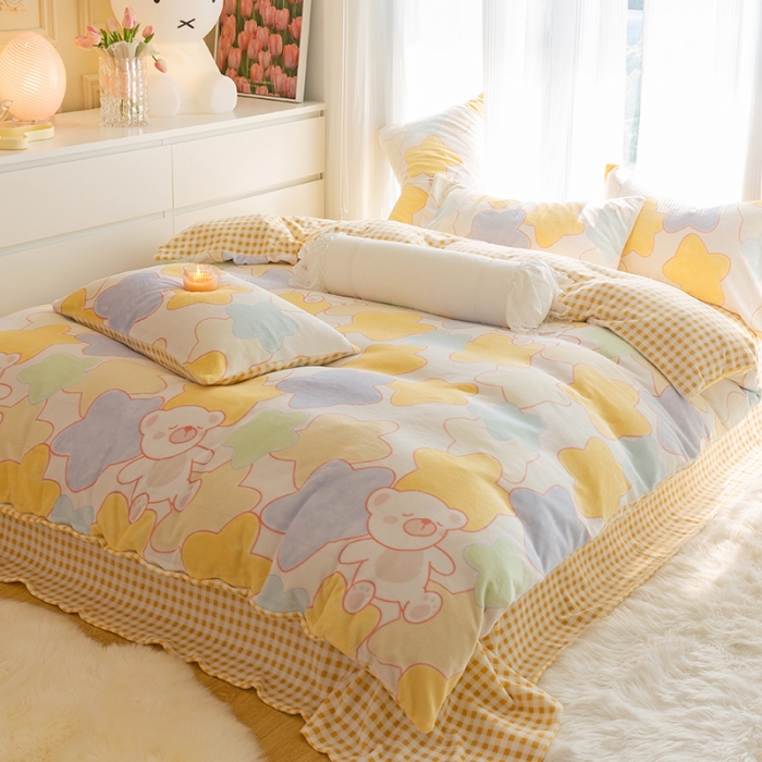 91家纺网 家纺一手货源 找家纺 千朵2022新款牛奶绒系列四件套 星星熊