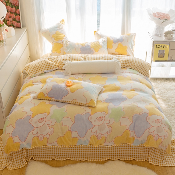 91家纺网 家纺一手货源 找家纺 千朵2022新款牛奶绒系列四件套 星星熊