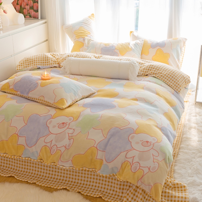 91家纺网 家纺一手货源 找家纺 千朵2022新款牛奶绒系列四件套 星星熊