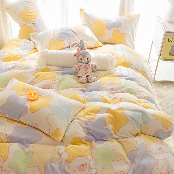 91家纺网 家纺一手货源 找家纺 千朵2022新款牛奶绒系列四件套 星星熊