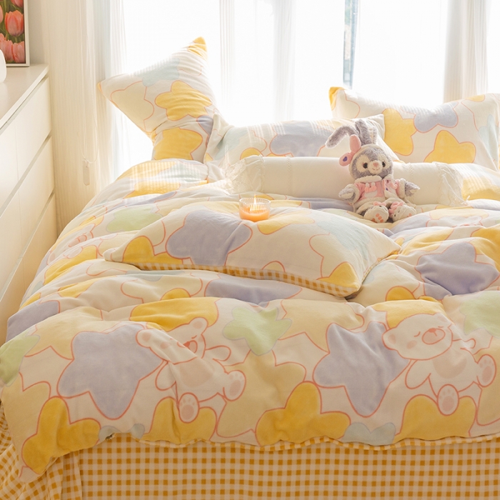 91家纺网 家纺一手货源 找家纺 千朵2022新款牛奶绒系列四件套 星星熊