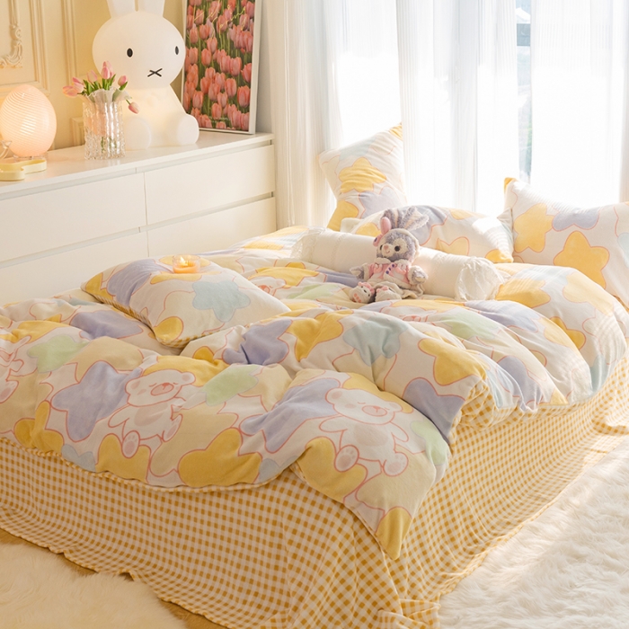 91家纺网 家纺一手货源 找家纺 千朵2022新款牛奶绒系列四件套 星星熊