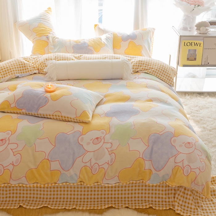 91家纺网 家纺一手货源 找家纺 千朵2022新款牛奶绒系列四件套 星星熊