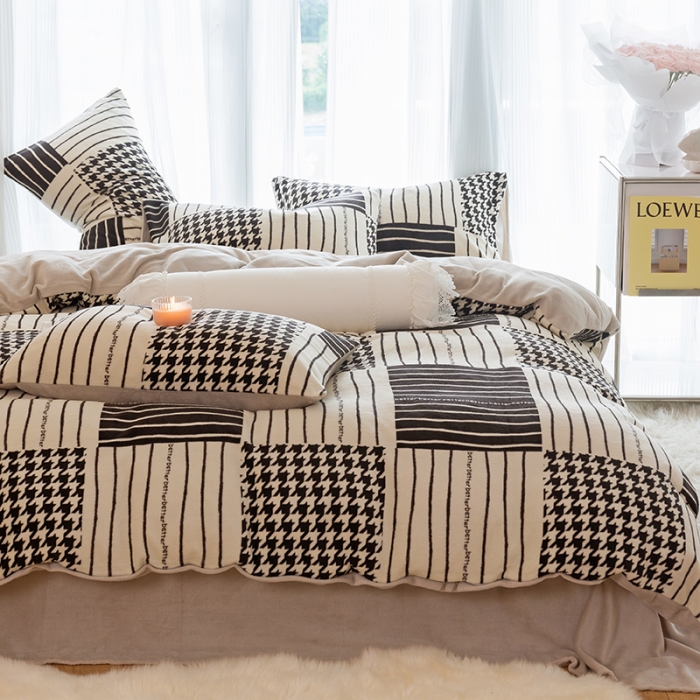 91家纺网 家纺一手货源 找家纺 千朵2022新款牛奶绒系列四件套 黑白涂鸦