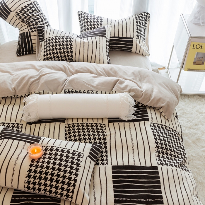 91家纺网 家纺一手货源 找家纺 千朵2022新款牛奶绒系列四件套 黑白涂鸦