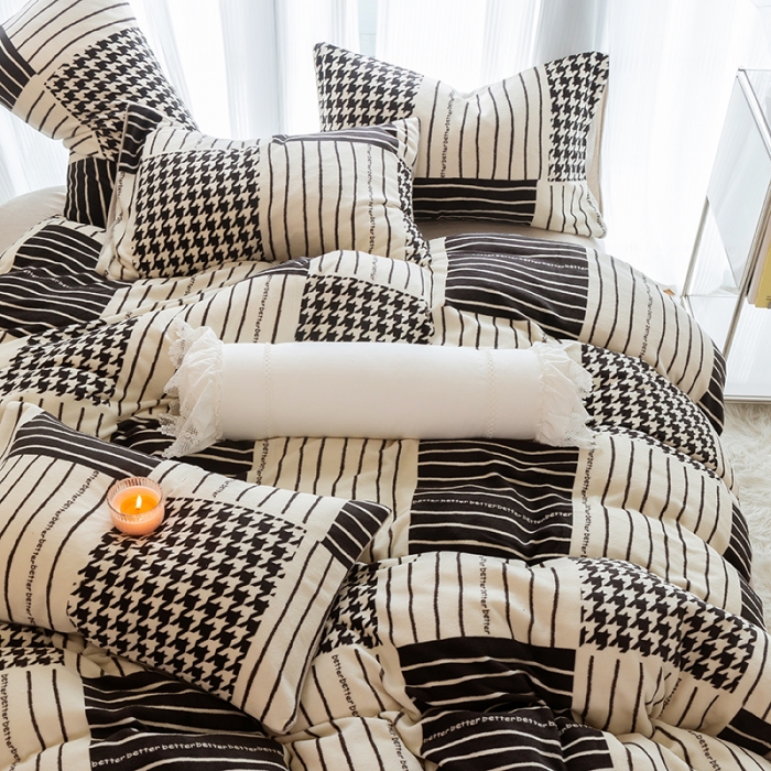 91家纺网 家纺一手货源 找家纺 千朵2022新款牛奶绒系列四件套 黑白涂鸦