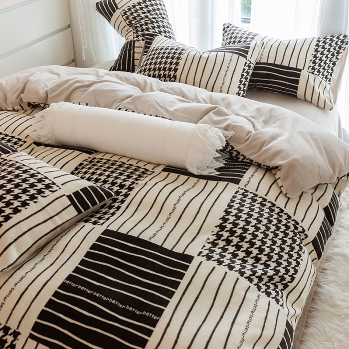 91家纺网 家纺一手货源 找家纺 千朵2022新款牛奶绒系列四件套 黑白涂鸦