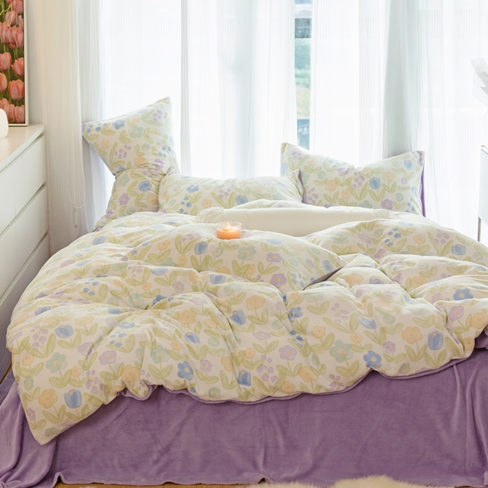 91家纺网 家纺一手货源 找家纺 千朵2022新款牛奶绒系列四件套 花间密语