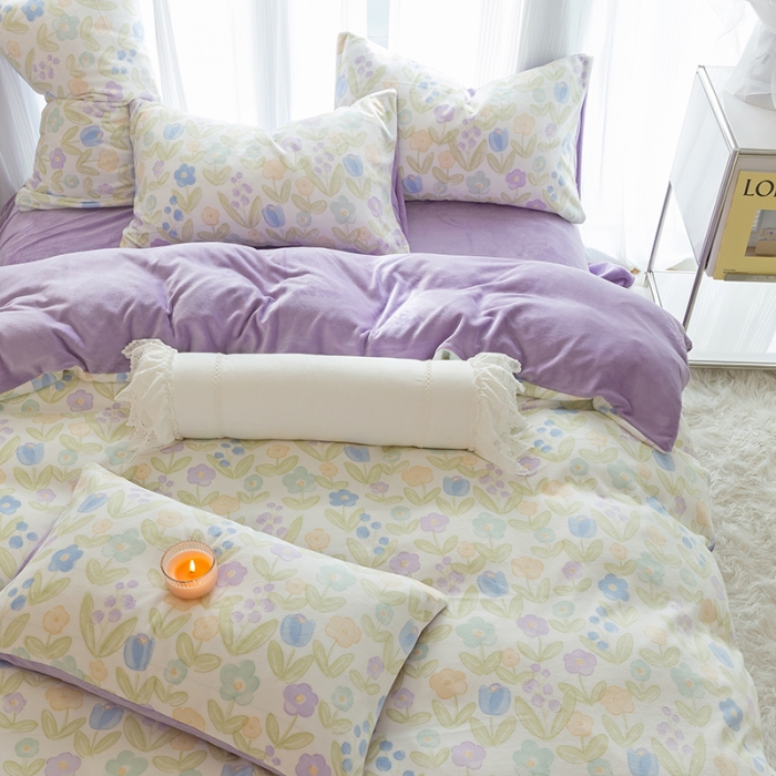 91家纺网 家纺一手货源 找家纺 千朵2022新款牛奶绒系列四件套 花间密语