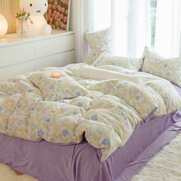 91家纺网 家纺一手货源 找家纺 千朵2022新款牛奶绒系列四件套 花间密语