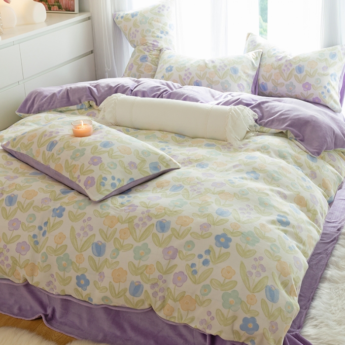 91家纺网 家纺一手货源 找家纺 千朵2022新款牛奶绒系列四件套 花间密语