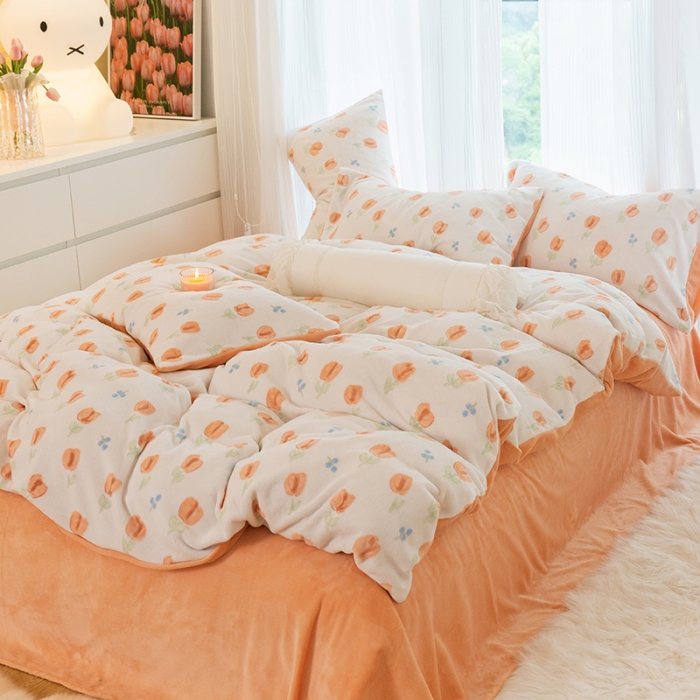 91家纺网 家纺一手货源 找家纺 千朵2022新款牛奶绒系列四件套 郁金香-橙