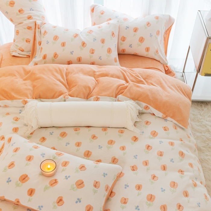 91家纺网 家纺一手货源 找家纺 千朵2022新款牛奶绒系列四件套 郁金香-橙
