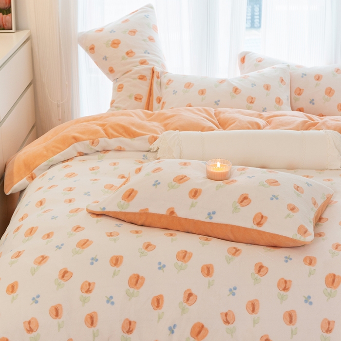 91家纺网 家纺一手货源 找家纺 千朵2022新款牛奶绒系列四件套 郁金香-橙