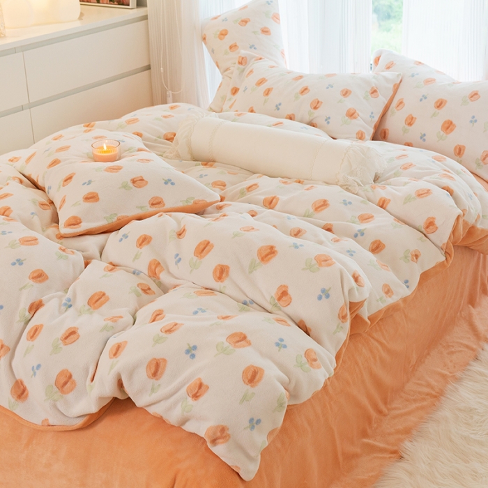 91家纺网 家纺一手货源 找家纺 千朵2022新款牛奶绒系列四件套 郁金香-橙