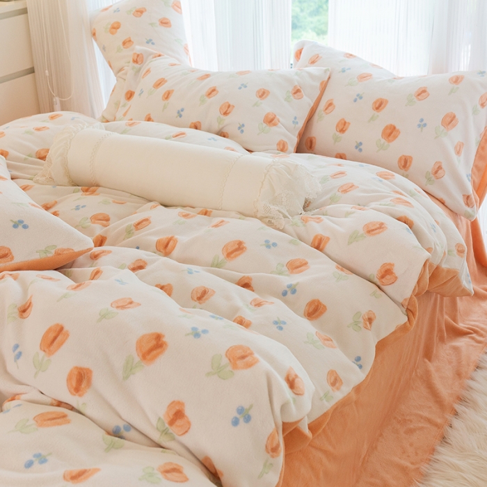 91家纺网 家纺一手货源 找家纺 千朵2022新款牛奶绒系列四件套 郁金香-橙