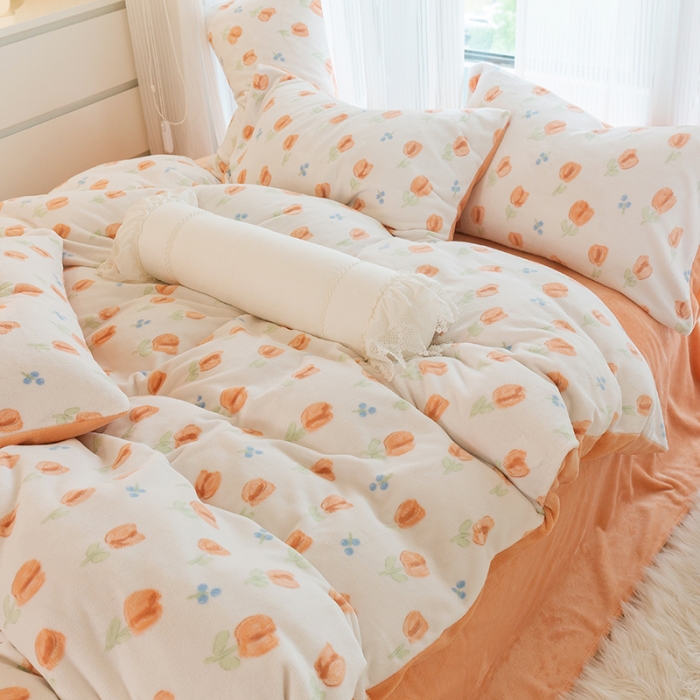 91家纺网 家纺一手货源 找家纺 千朵2022新款牛奶绒系列四件套 郁金香-橙