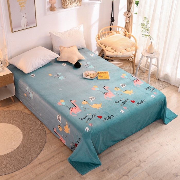 91家纺网 家纺一手货源 找家纺 甜之梦 2025新款水晶绒单品印花床单 小恐龙蓝