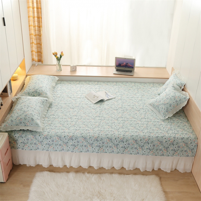 91家纺网 家纺一手货源 找家纺 美优兰 2025新款全棉防滑榻榻米炕垫纯棉床盖三件套花冉绿
