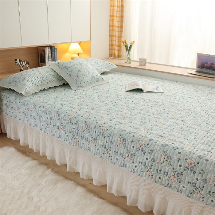 91家纺网 家纺一手货源 找家纺 美优兰 2025新款全棉防滑榻榻米炕垫纯棉床盖三件套花冉绿