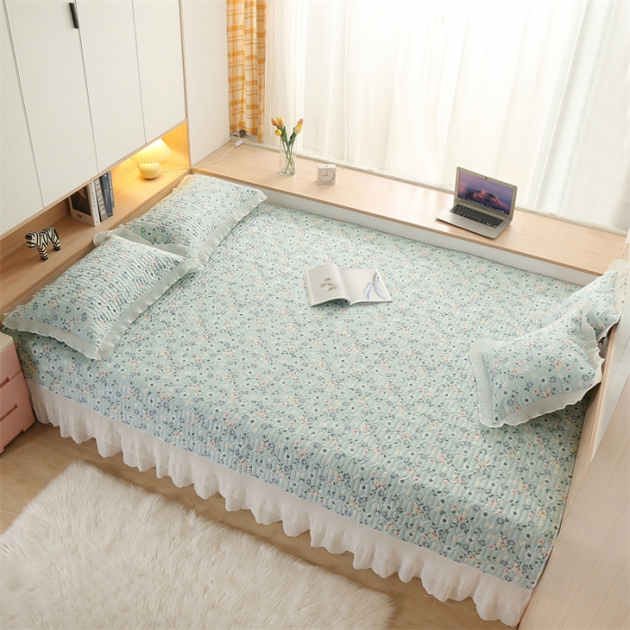 91家纺网 家纺一手货源 找家纺 美优兰 2025新款全棉防滑榻榻米炕垫纯棉床盖三件套花冉绿