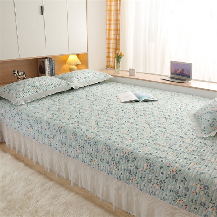 91家纺网 家纺一手货源 找家纺 美优兰 2025新款全棉防滑榻榻米炕垫纯棉床盖三件套花冉绿
