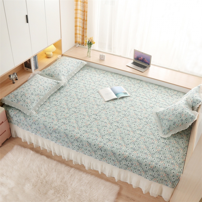 91家纺网 家纺一手货源 找家纺 美优兰 2025新款全棉防滑榻榻米炕垫纯棉床盖三件套花冉绿