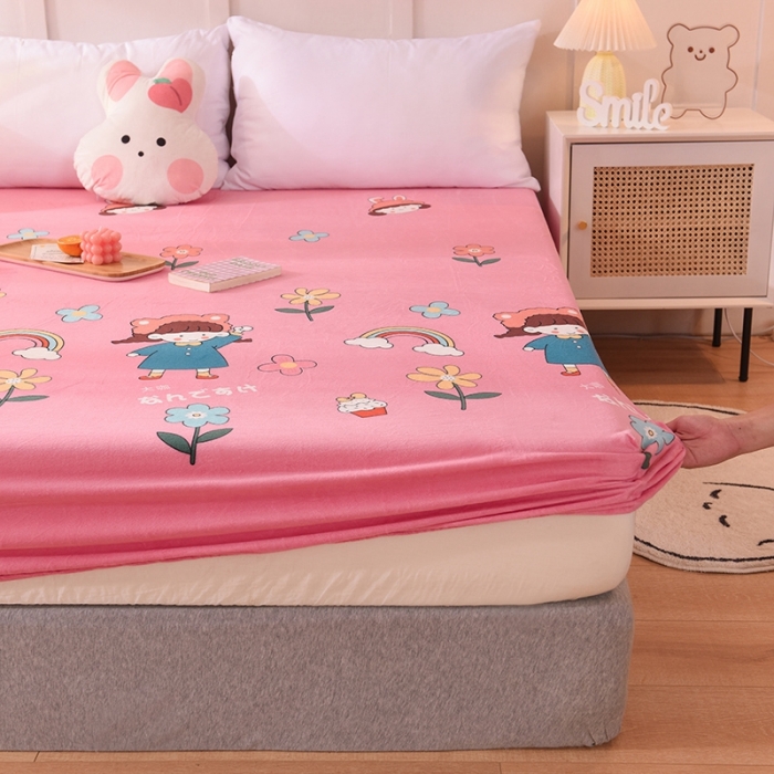 91家纺网 家纺一手货源 找家纺 甜之梦 2025新款水晶绒单品印花床笠 彩虹女孩