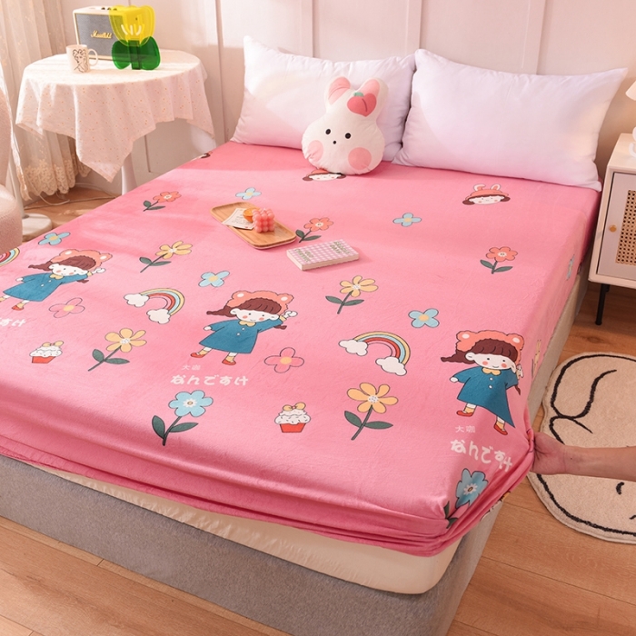 91家纺网 家纺一手货源 找家纺 甜之梦 2025新款水晶绒单品印花床笠 彩虹女孩