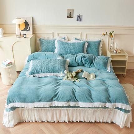 91家纺网 家纺一手货源 找家纺 宜凡 2022秋冬新款A类牛奶绒印花花边床盖三四件套 青果绿