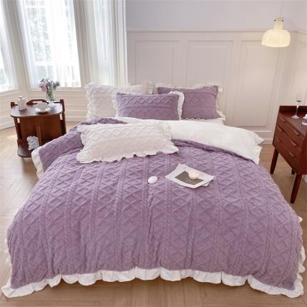 91家纺网 家纺一手货源 找家纺 眠屿2022新款提花牛奶绒系列四件套 黛紫