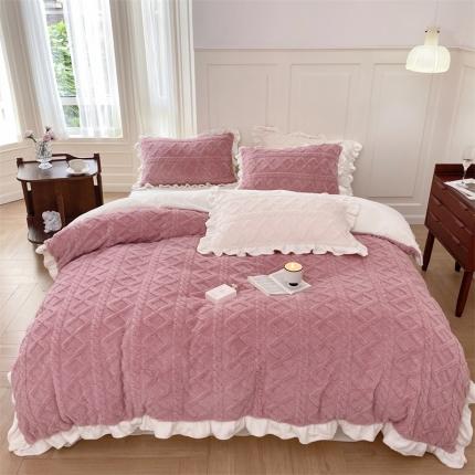 91家纺网 家纺一手货源 找家纺 眠屿2022新款提花牛奶绒系列四件套 蜜桃粉