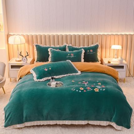 91家纺网 家纺一手货源 找家纺 芃成 2022新款加厚保暖牛奶绒绣花四件套 芭蕾女孩  玛瑙绿