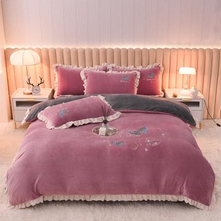 91家纺网 家纺一手货源 找家纺 芃成 2022新款加厚保暖牛奶绒绣花四件套 蝶舞  豆沙