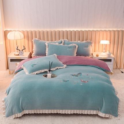 91家纺网 家纺一手货源 找家纺 芃成 2022新款加厚保暖牛奶绒绣花四件套 蝶舞 湖兰