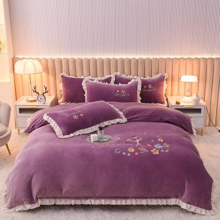 芃成 2022新款加厚保暖牛奶绒绣花四件套 芭蕾女孩  玫瑰紫