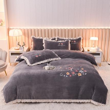 芃成 2022新款加厚保暖牛奶绒绣花四件套 芭蕾女孩  紫灰