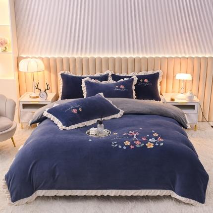 芃成 2022新款加厚保暖牛奶绒绣花四件套 芭蕾女孩 宝石蓝