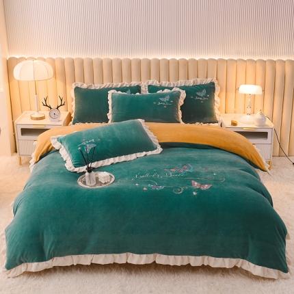 芃成 2022新款加厚保暖牛奶绒绣花四件套 蝶舞  玛瑙绿