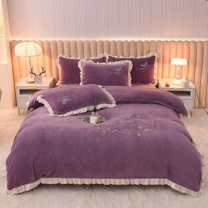 芃成 2022新款加厚保暖牛奶绒绣花四件套 蝶舞  玫瑰紫