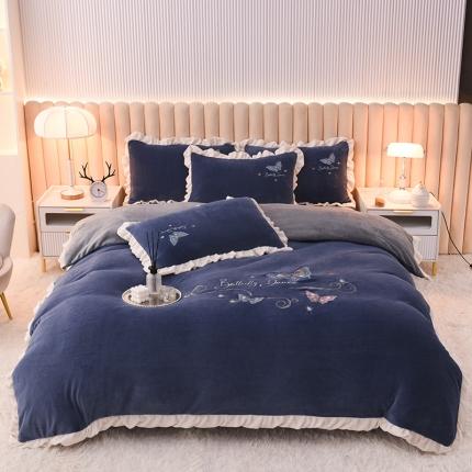 芃成 2022新款加厚保暖牛奶绒绣花四件套 蝶舞 宝石蓝